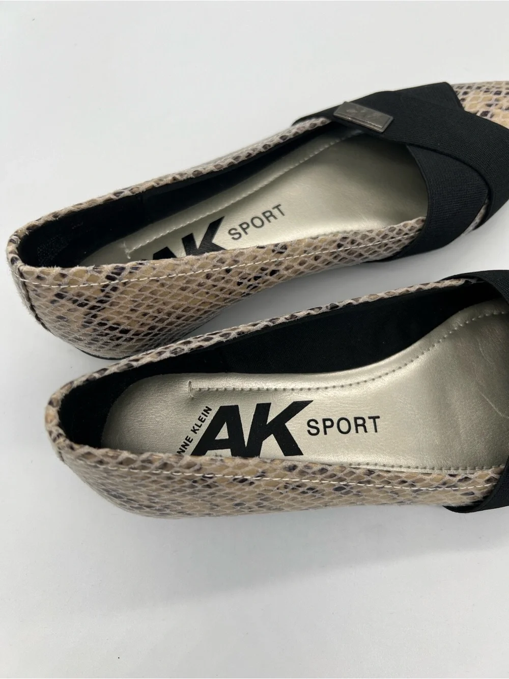Ann Klein Women's Snake-Print Pointed Toe Flats in Beige and Black
